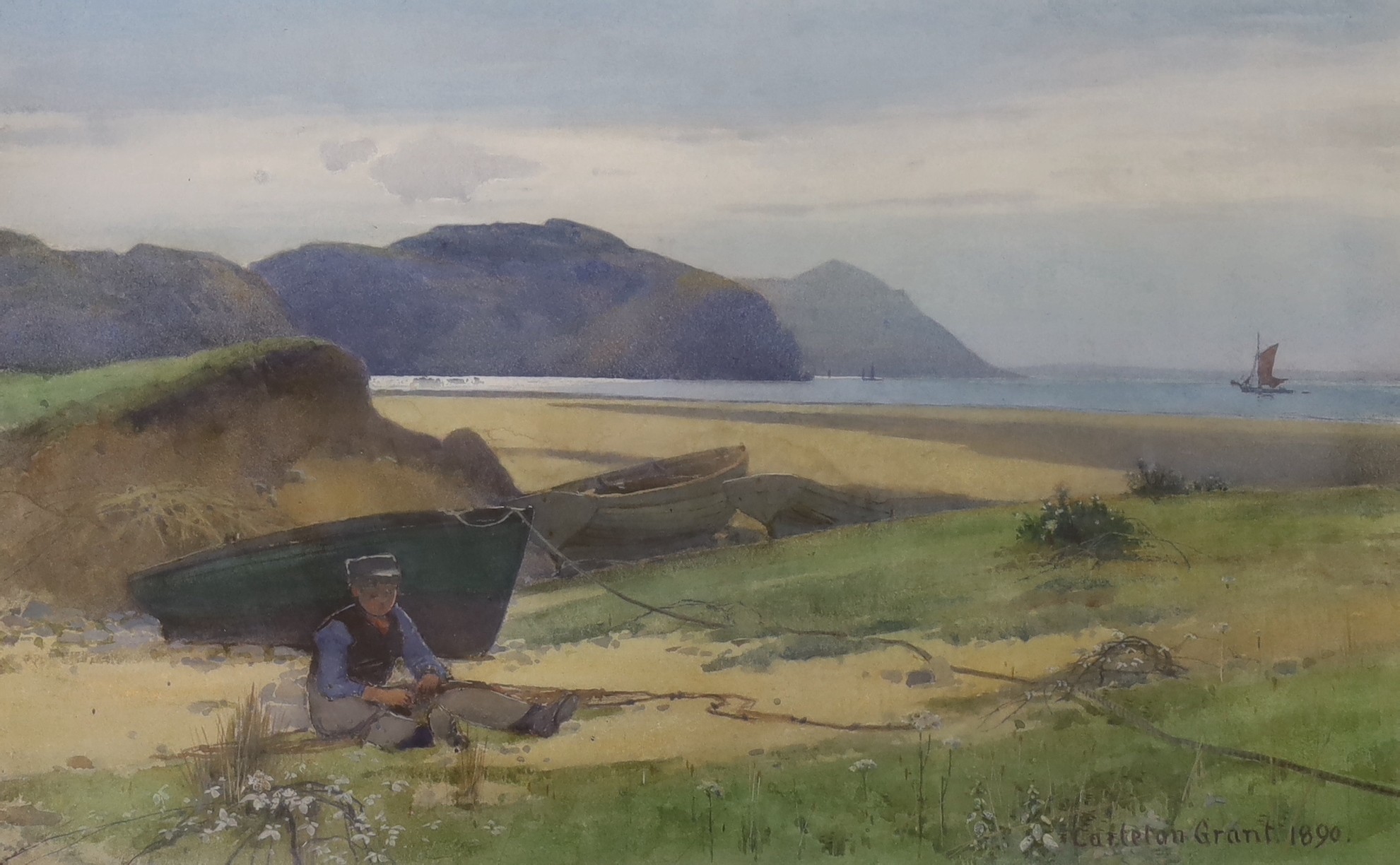 Carleton Grant (1860-1930), watercolour, Fisherboy mending nets on the seashore, signed and dated 1890, 24 x 39cm